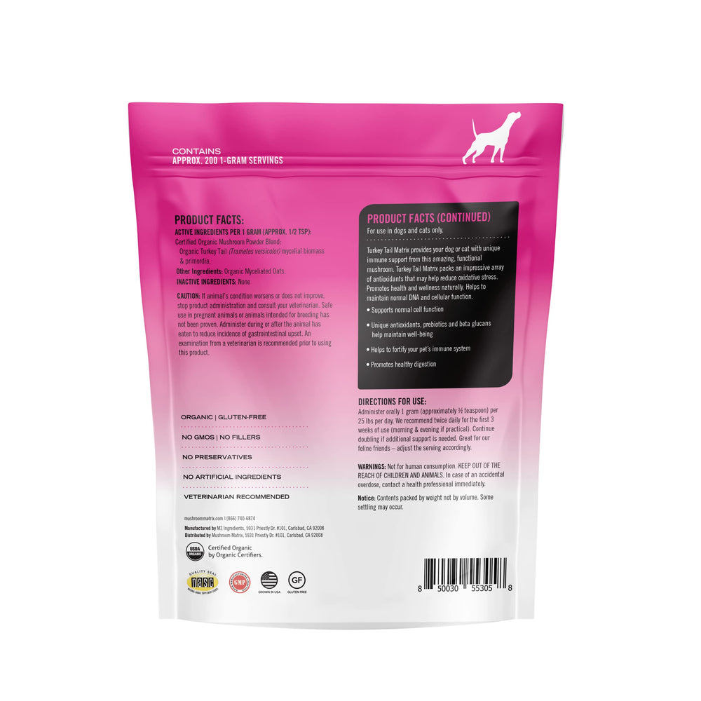 Mushroom Matrix Turkey Tail powder with scoop helps easy daily dosing for dogs and cats.