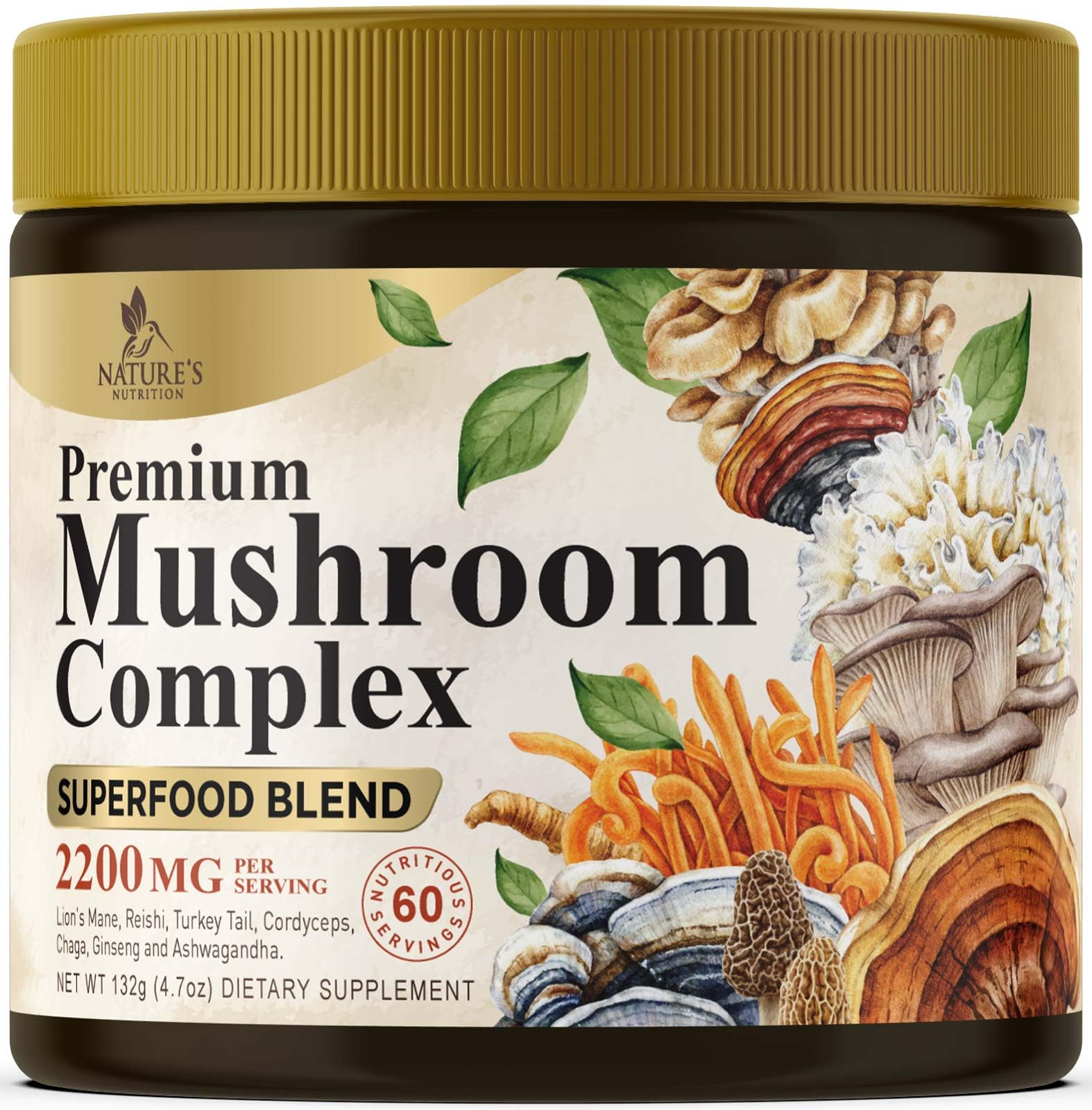 Mushroom powder supplement bottle with 11-in-1 complex ingredients