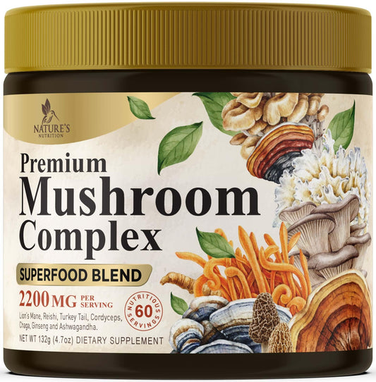 Mushroom powder supplement bottle with 11-in-1 complex ingredients