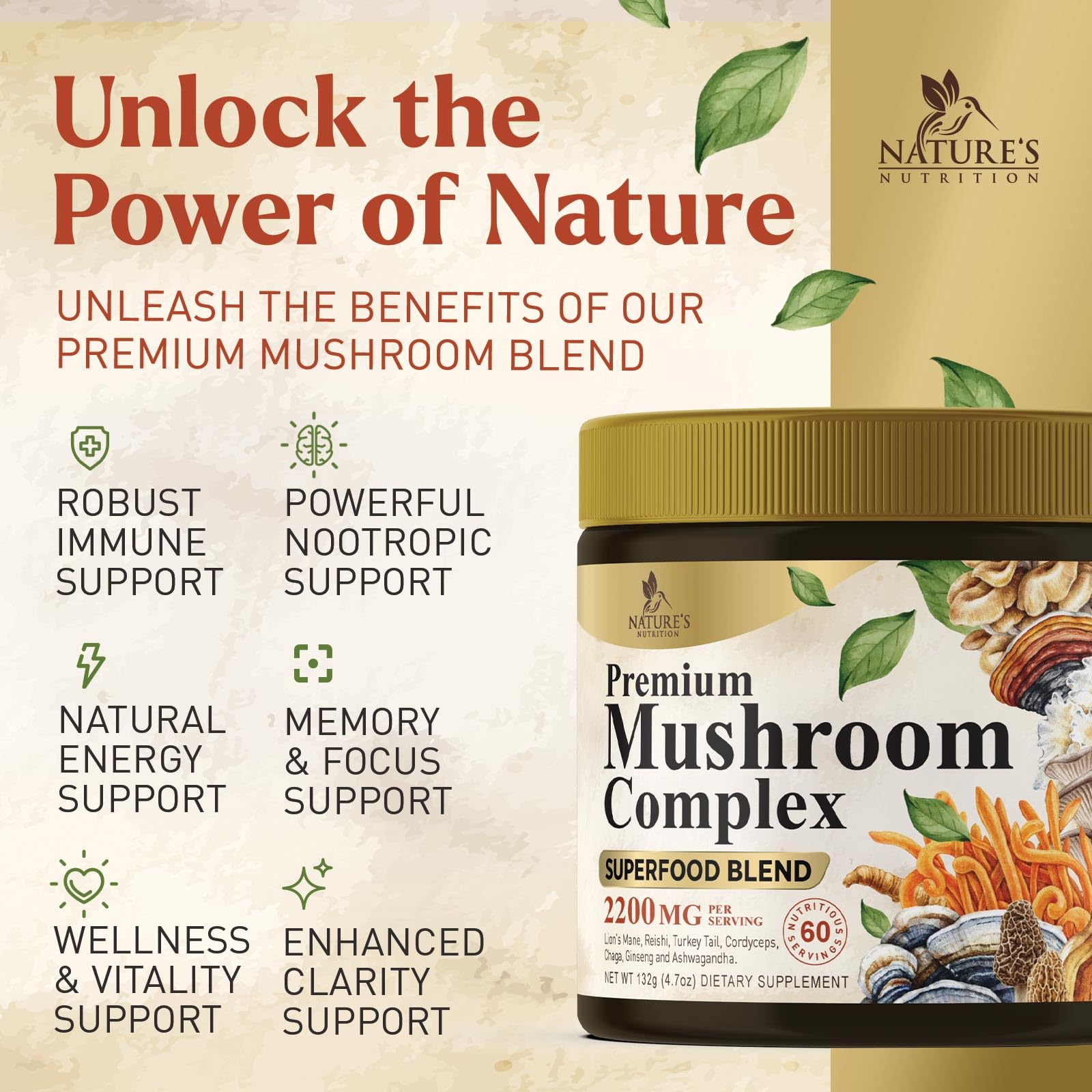 Product packaging with 60 servings label and coffee cup