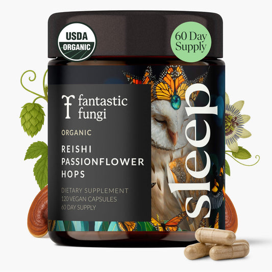 Hero image of Mushroom Sleep Supplement in a glass jar