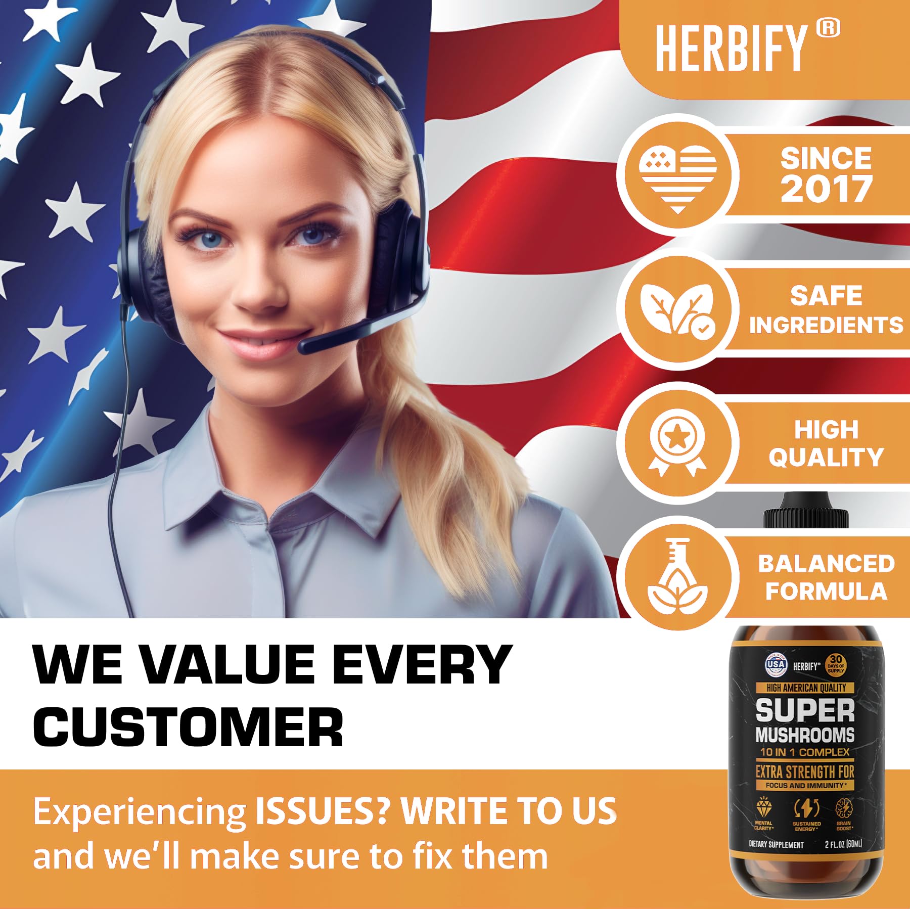 USA-made mushroom supplement bottle with 2 fl oz