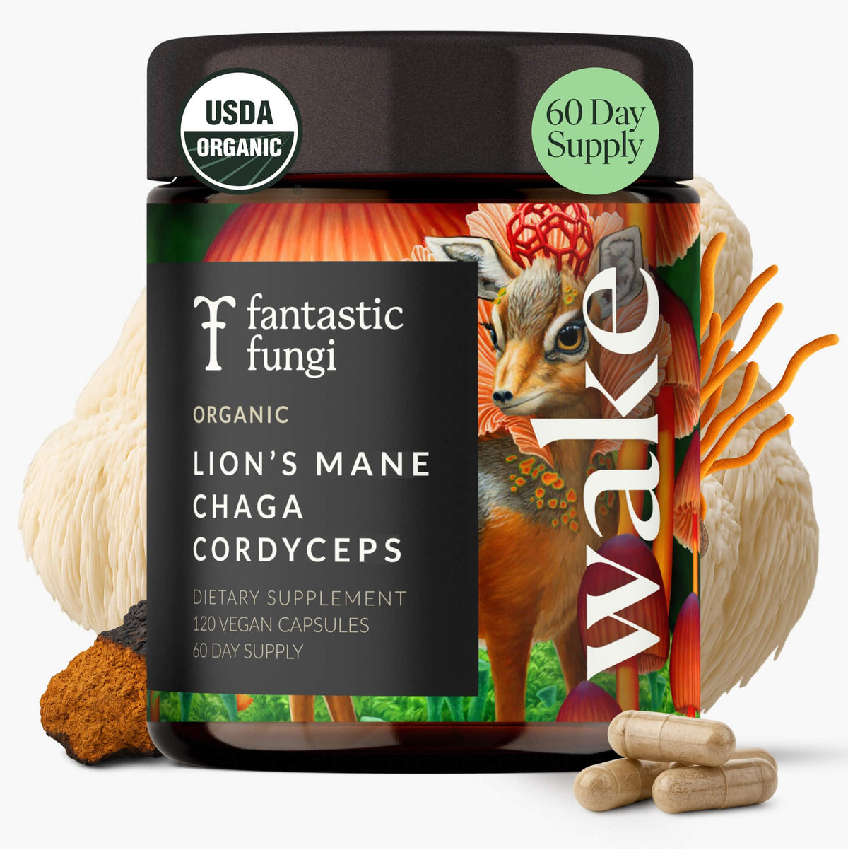 Mushroom supplement featuring Lions Mane, Chaga and Cordyceps in 120 capsules