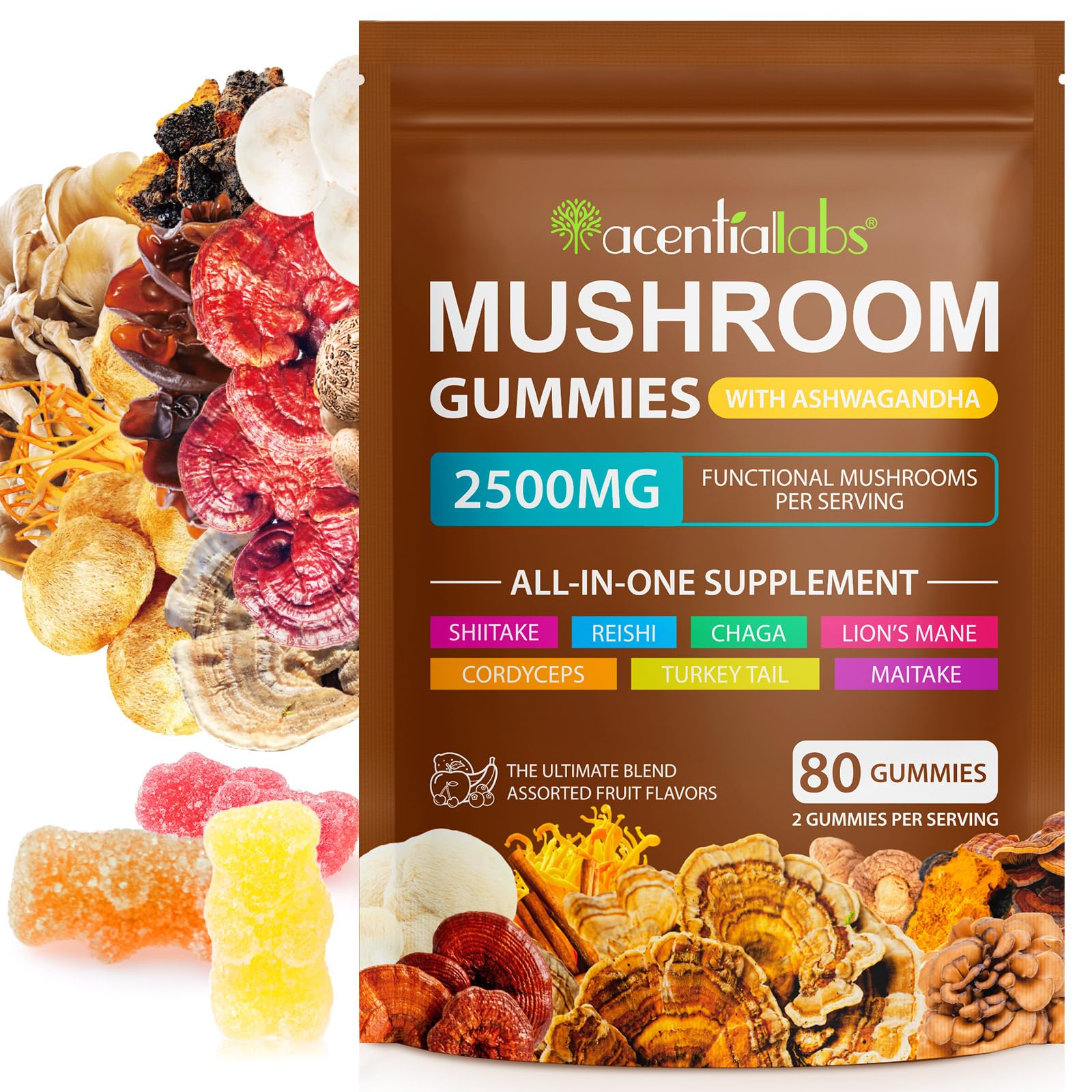 Bottle labeled Mushroom Gummies for Adults with 80 gummies