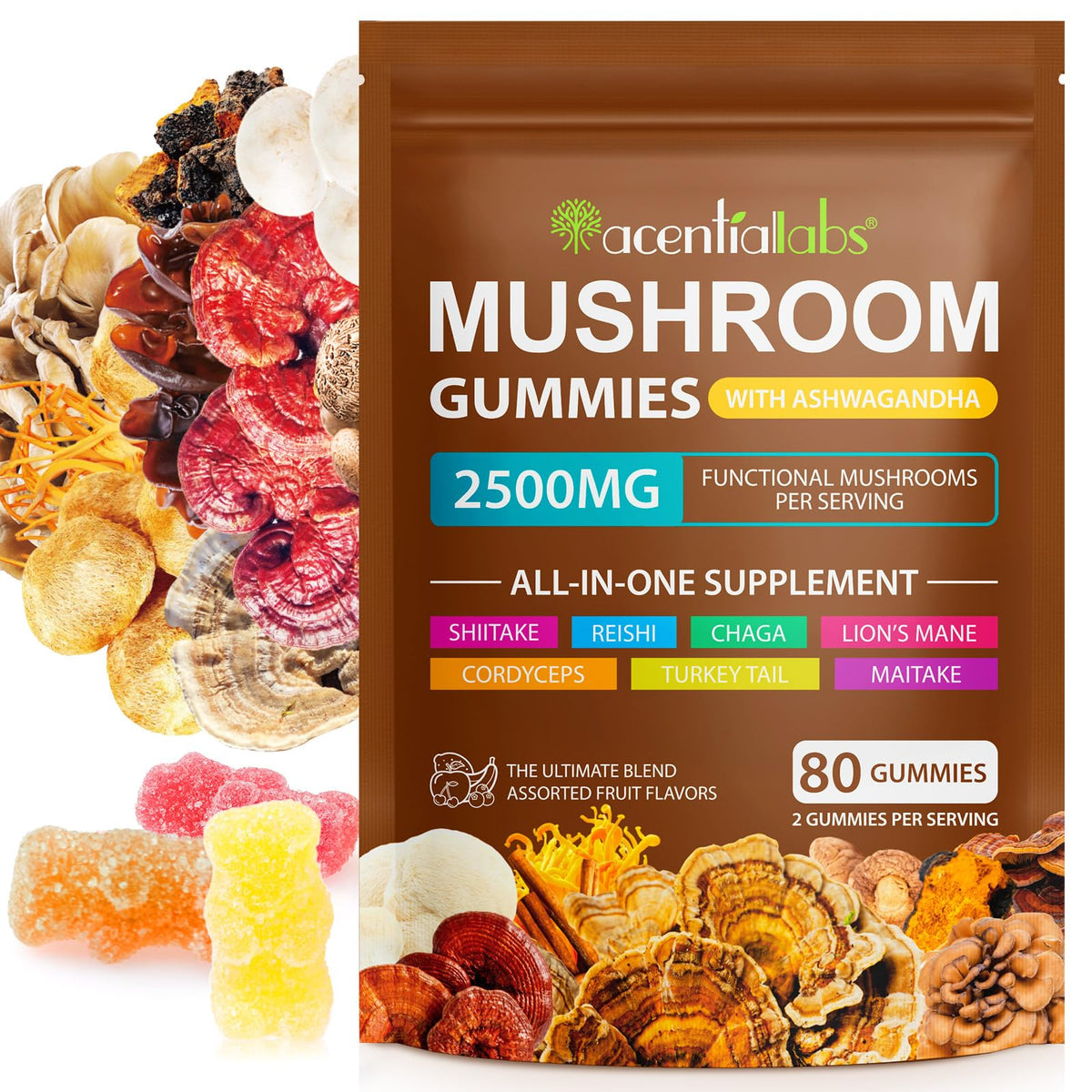 Bottle labeled Mushroom Gummies for Adults with 80 gummies