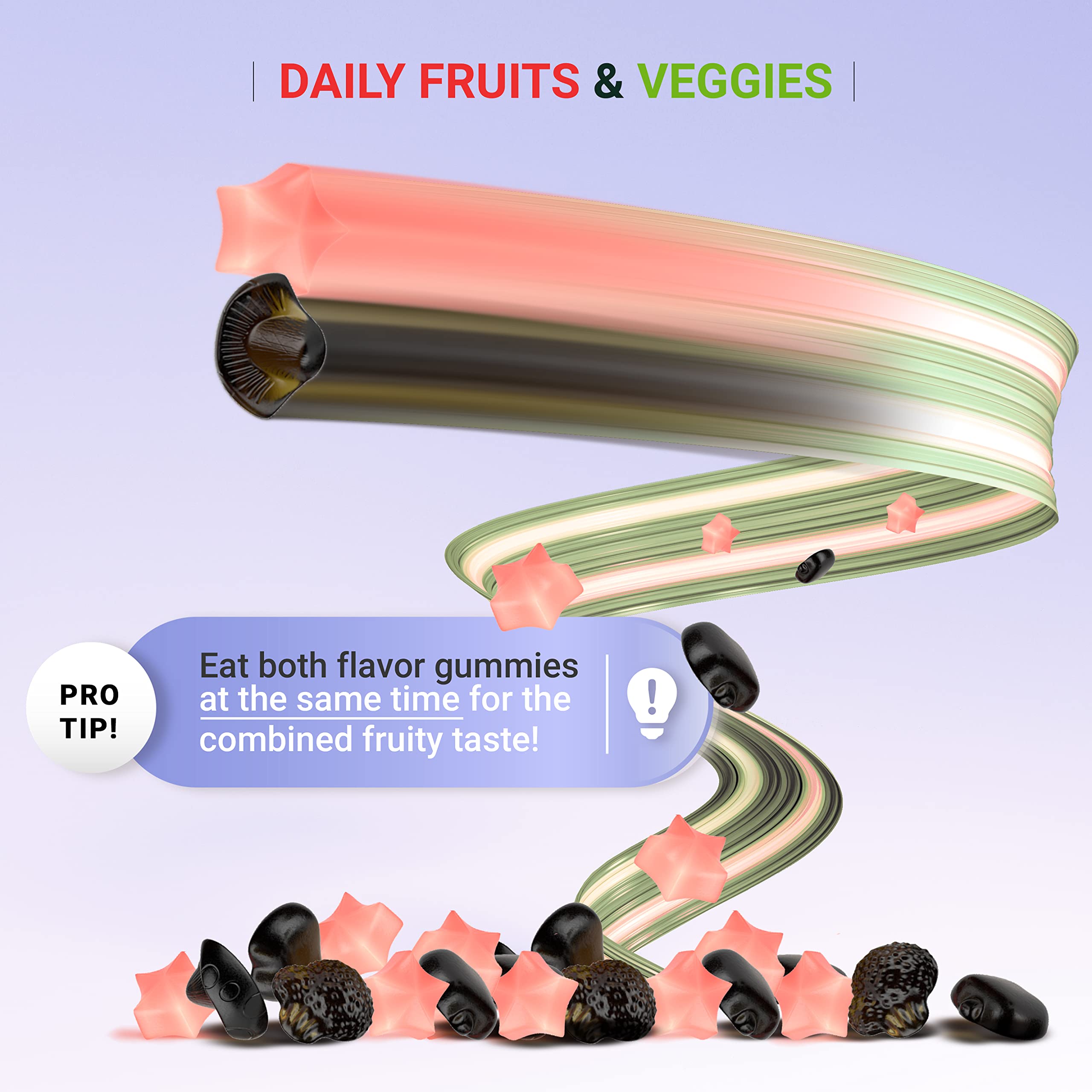 Gummies featuring mushrooms, fruits, and vegetables