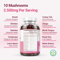 Mushroom varieties included: Maitake, Shiitake, Lion's Mane, Reishi, Cordyceps, Chaga, Turkey Tail, White Button, Black Fungus, Royal Sun Extract and 7-Keto