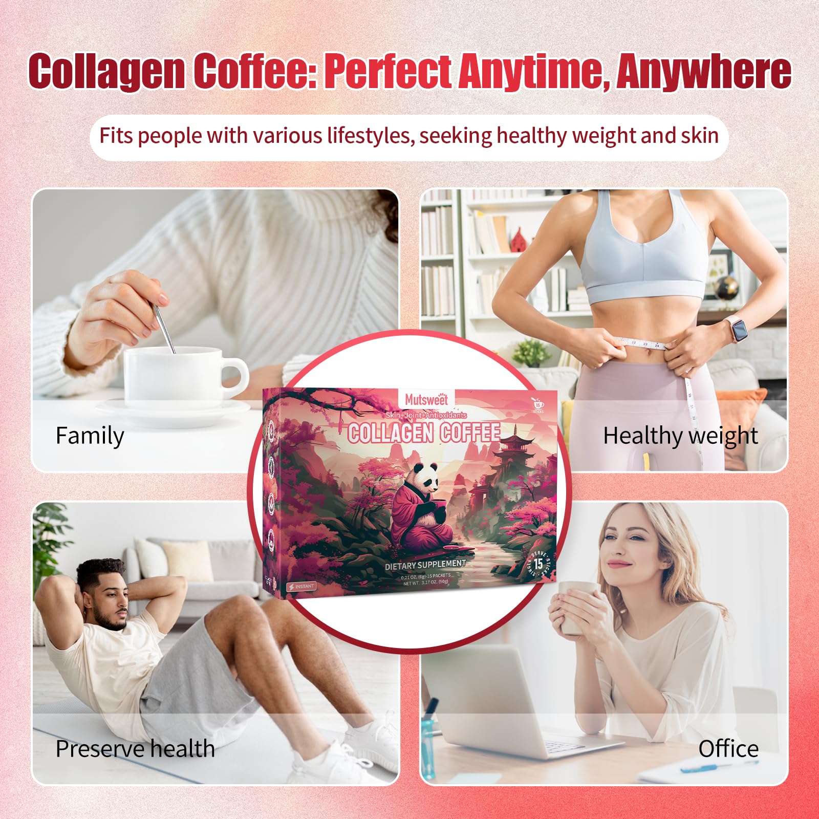 Concept image of joint support and glowing skin with collagen coffee