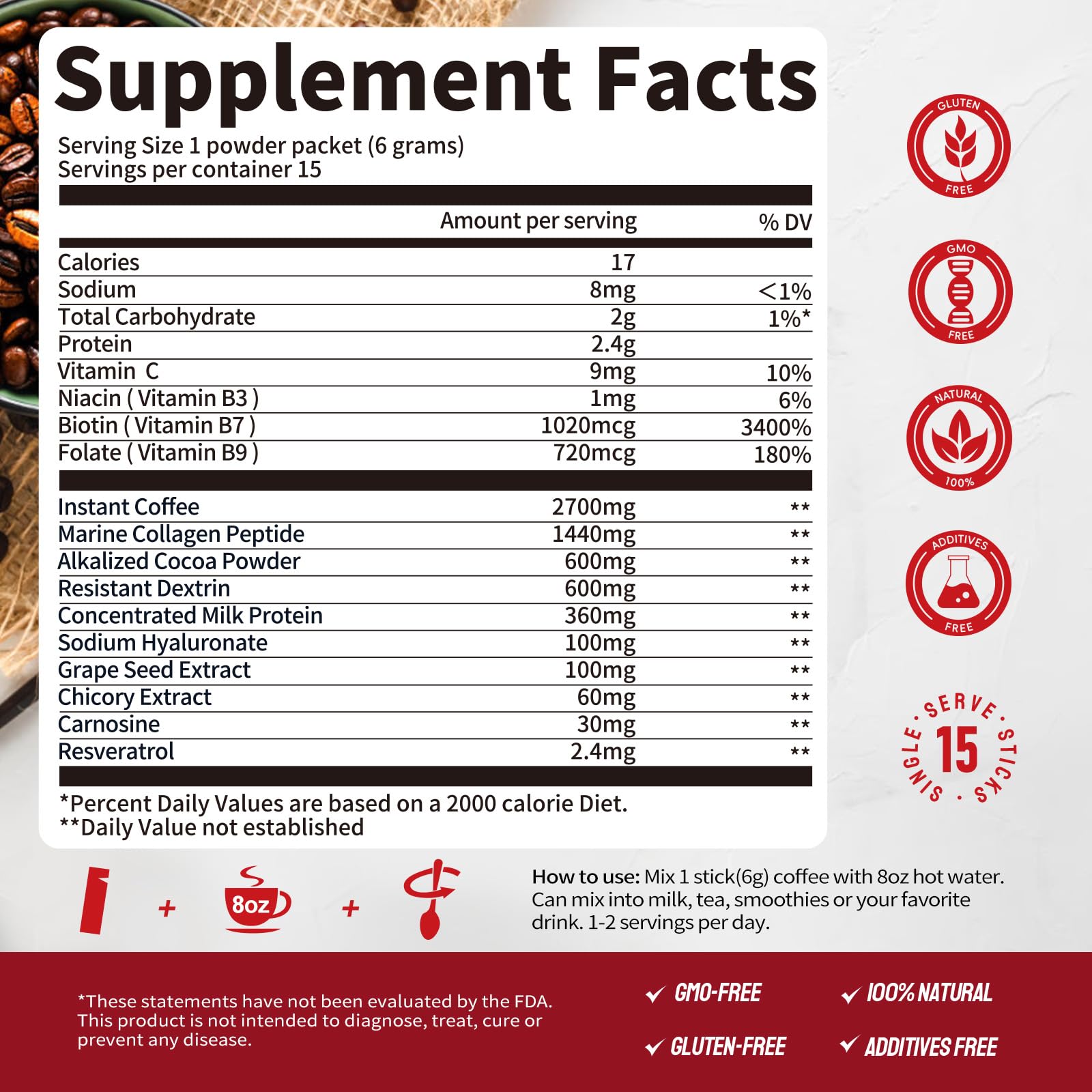 Pouring prepared collagen coffee into a cup on a wooden table