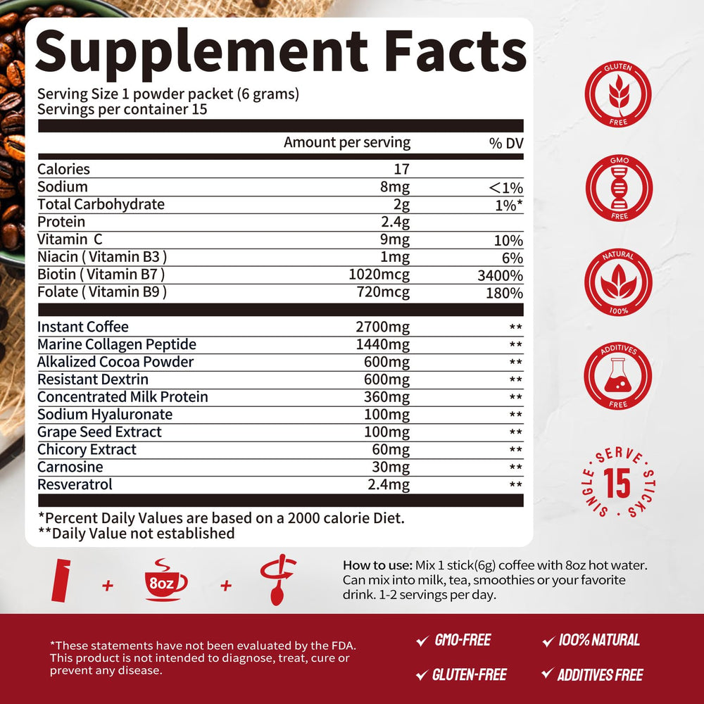 Pouring prepared collagen coffee into a cup on a wooden table