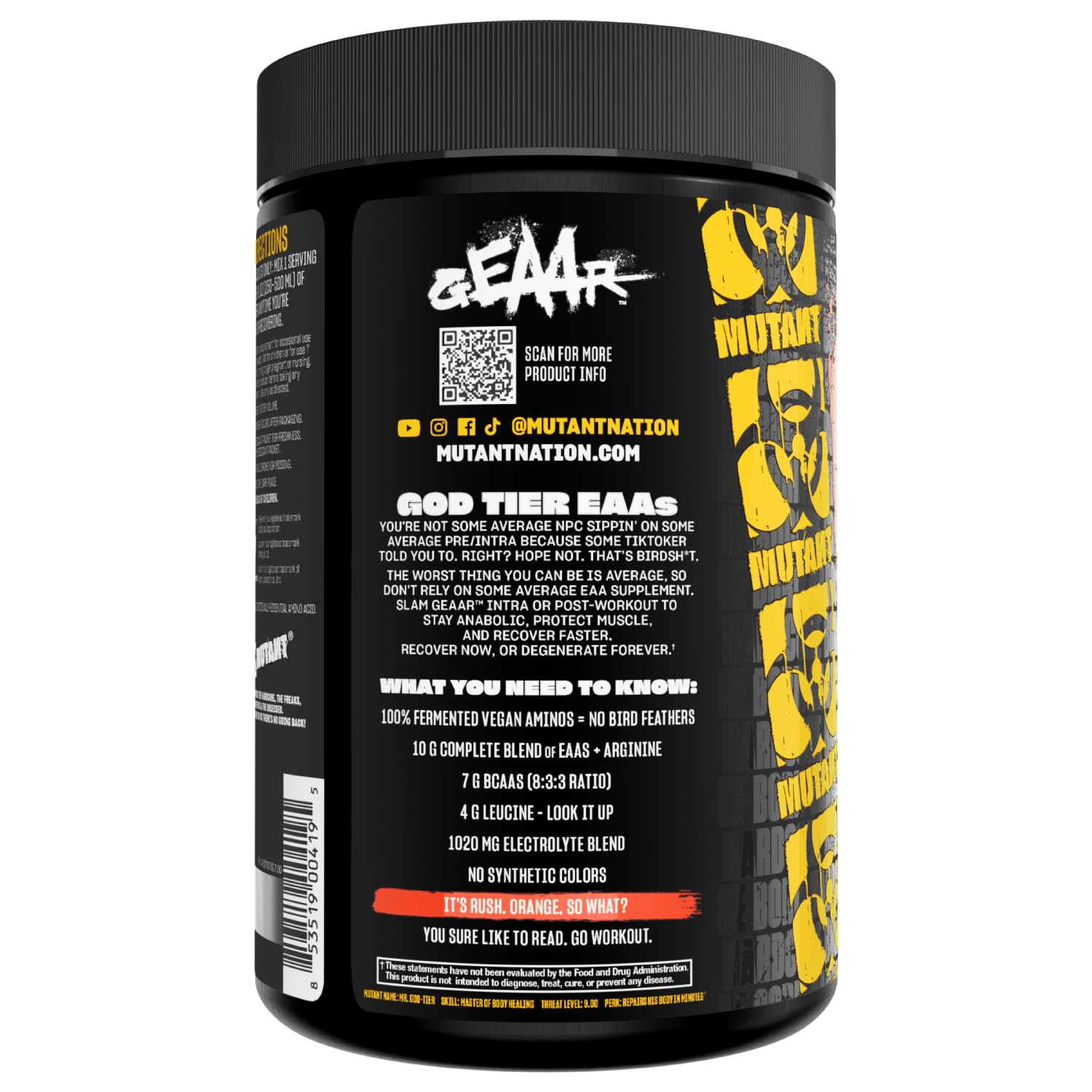 Lifestyle shot of Mutant GEAAR Orange Rush powder and scoop