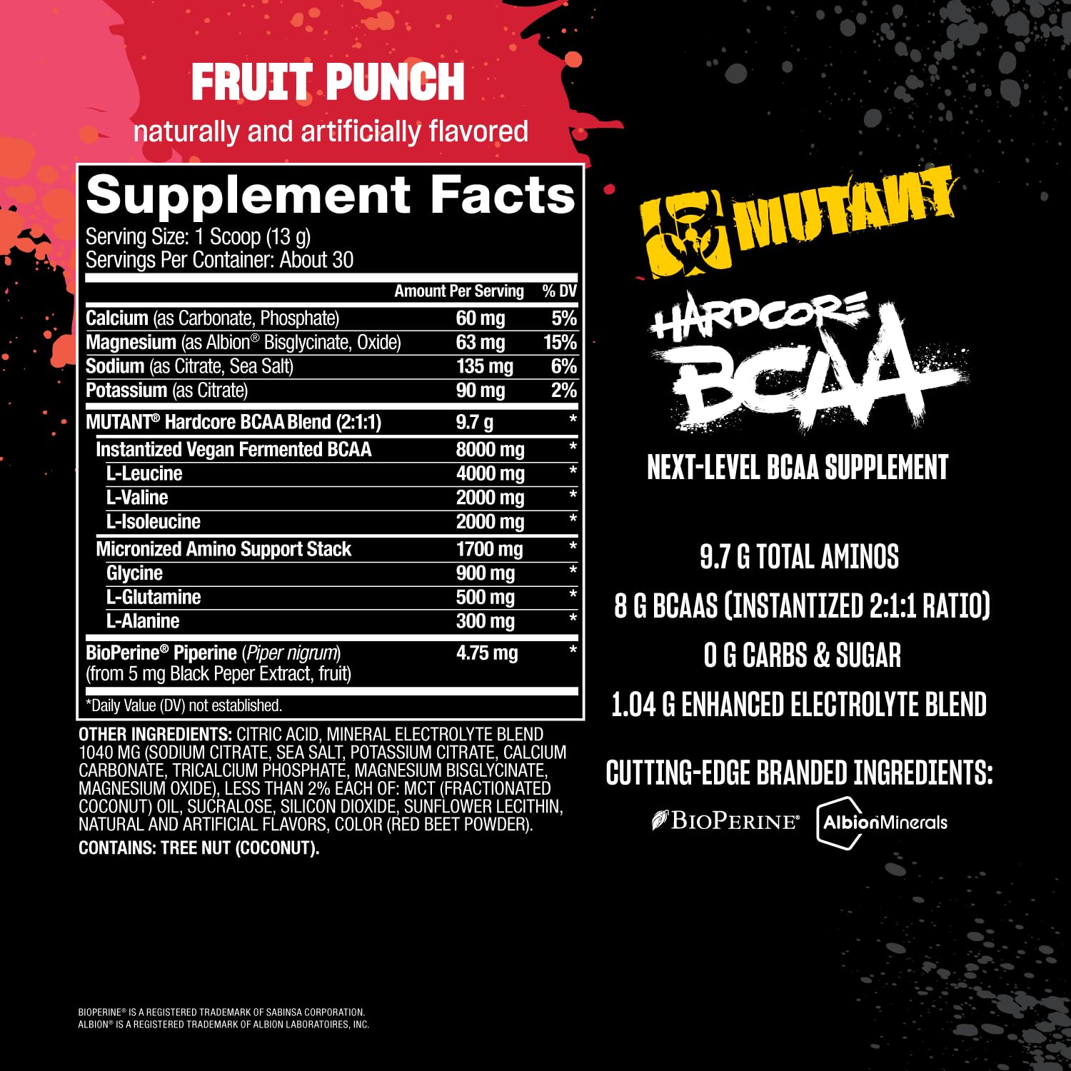 Nutritional facts panel of Mutant Hardcore BCAA