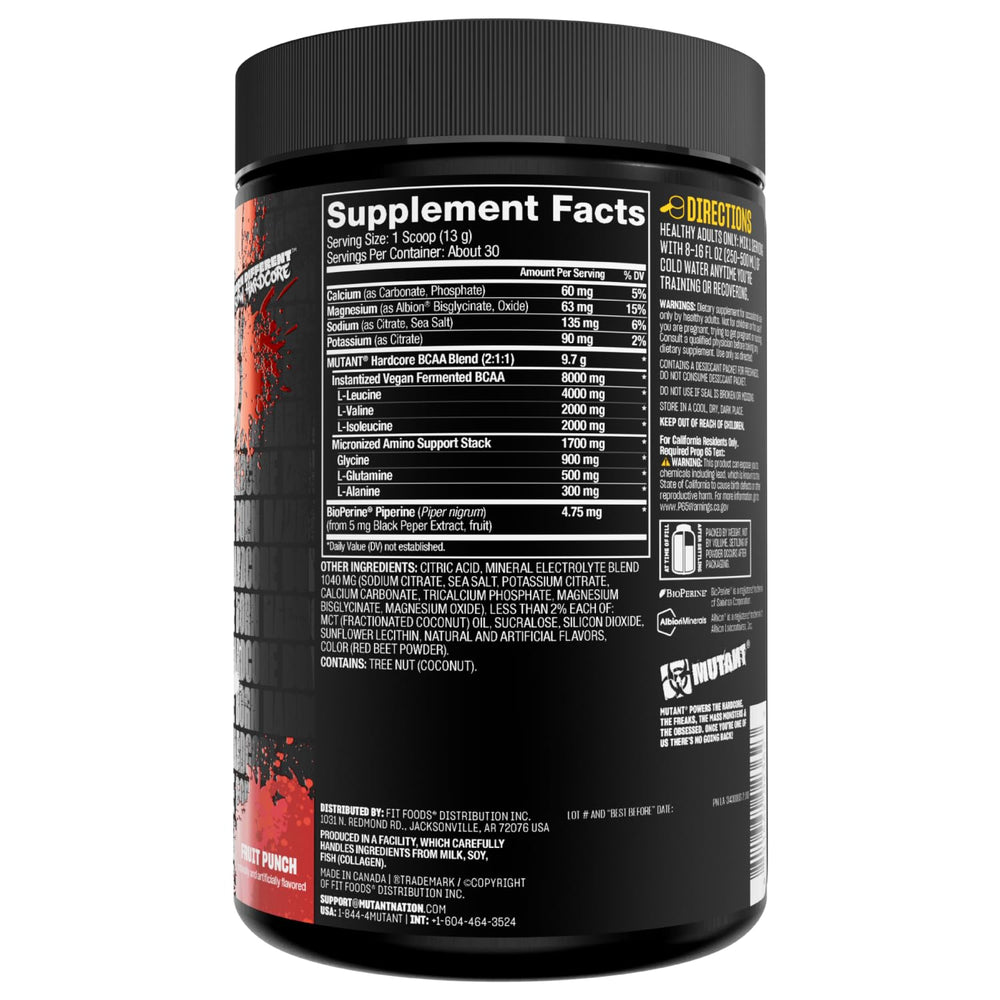 Mutant Hardcore BCAA packaging and bottle on white background