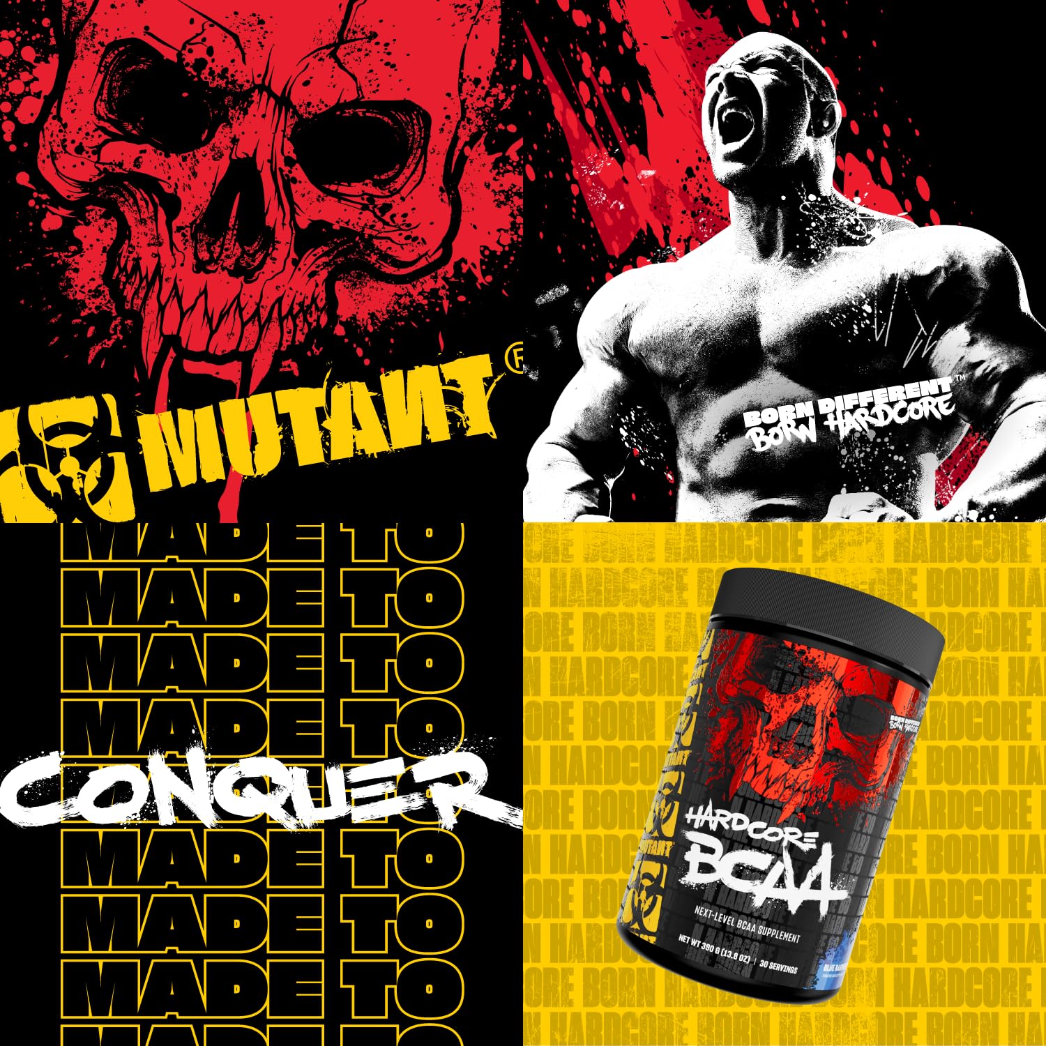 Watermelon-flavored Mutant Hardcore BCAA on gym bench