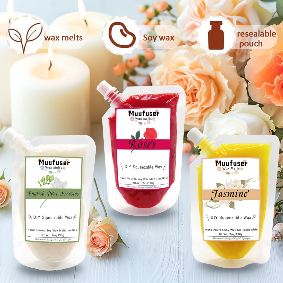 Muufuuser squeezable candle bottle close-up highlights soy wax and aroma.