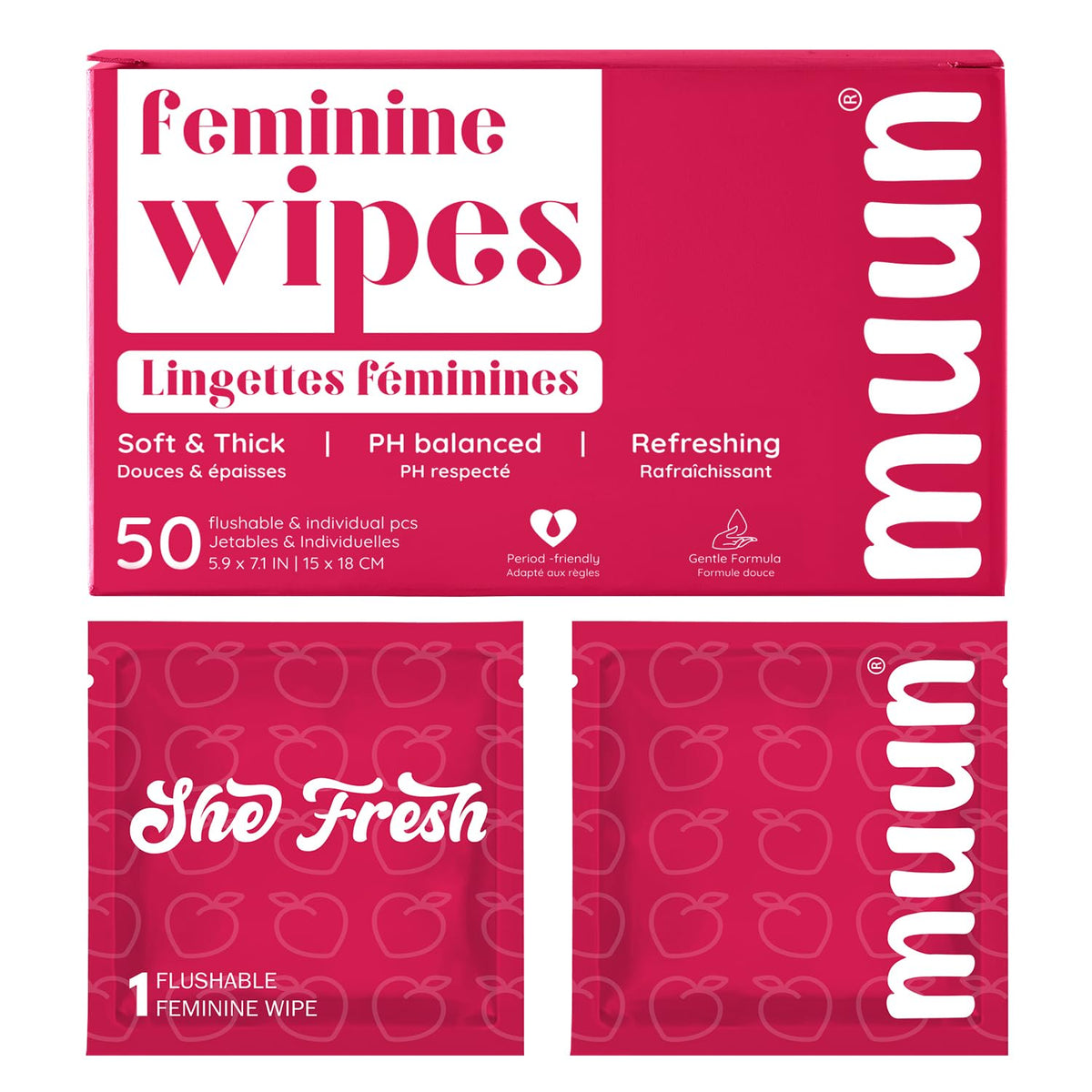Muun Feminine Wipes box with individually wrapped pouches for on-the-go freshness.