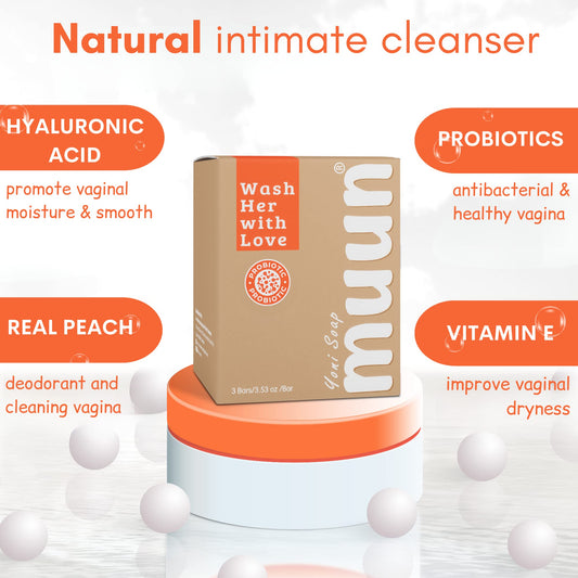 Muun Peach Yoni Soap Bar pack shot features a convenient 3-pack for regular use.
