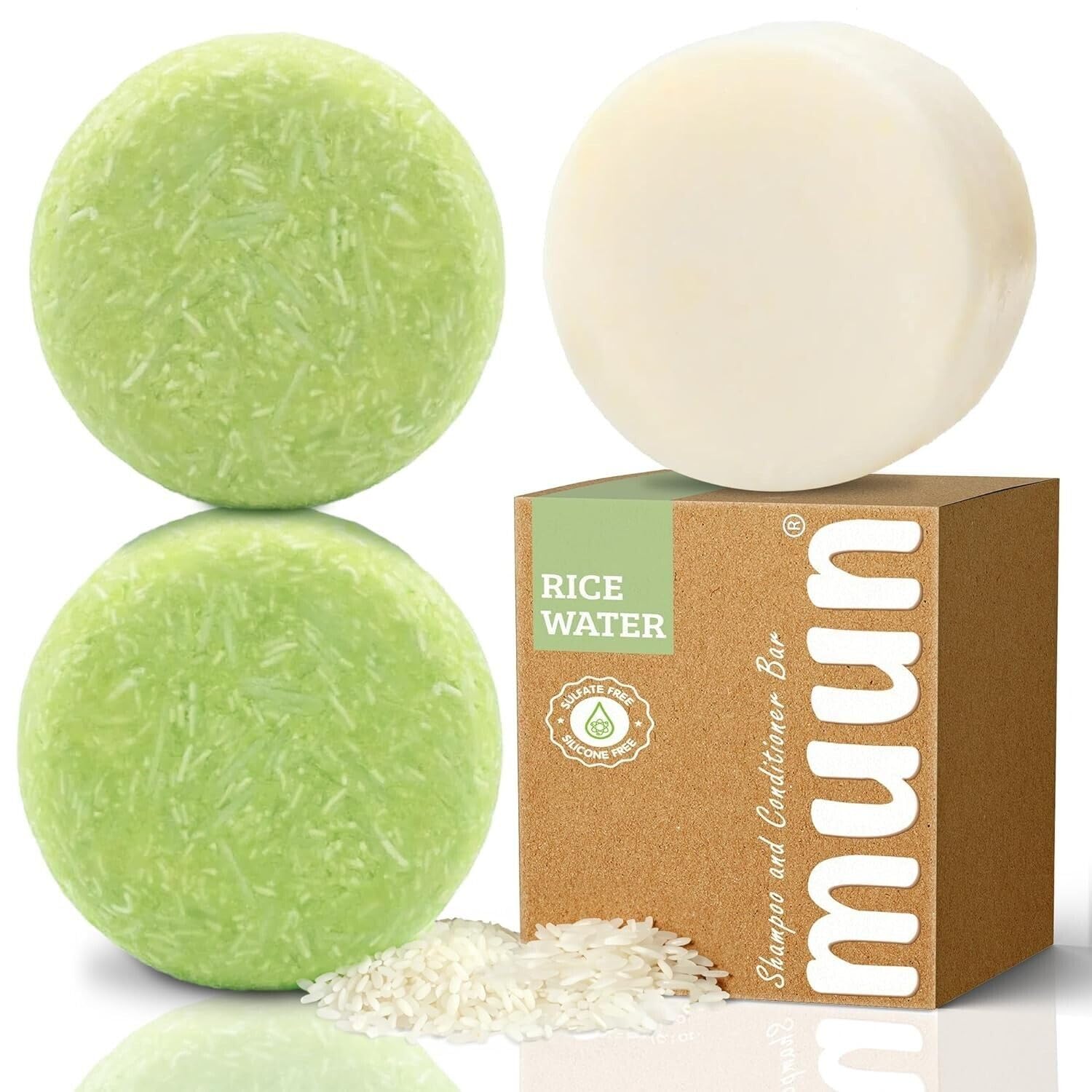 Muun Rice Water Shampoo Bar hero shows eco friendly plastic-free packaging.
