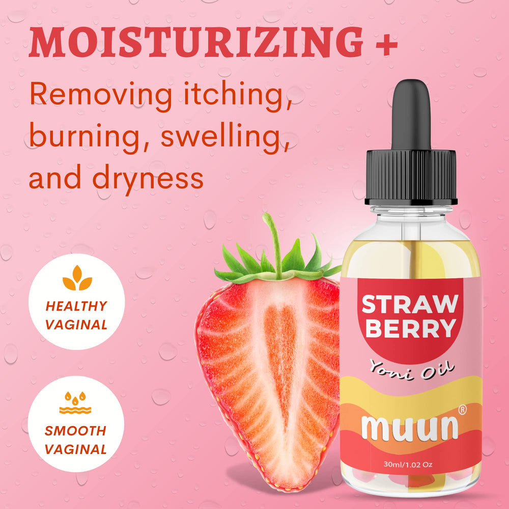 Muun Strawberry Intimate Oil applied to skin for soothing hydration.