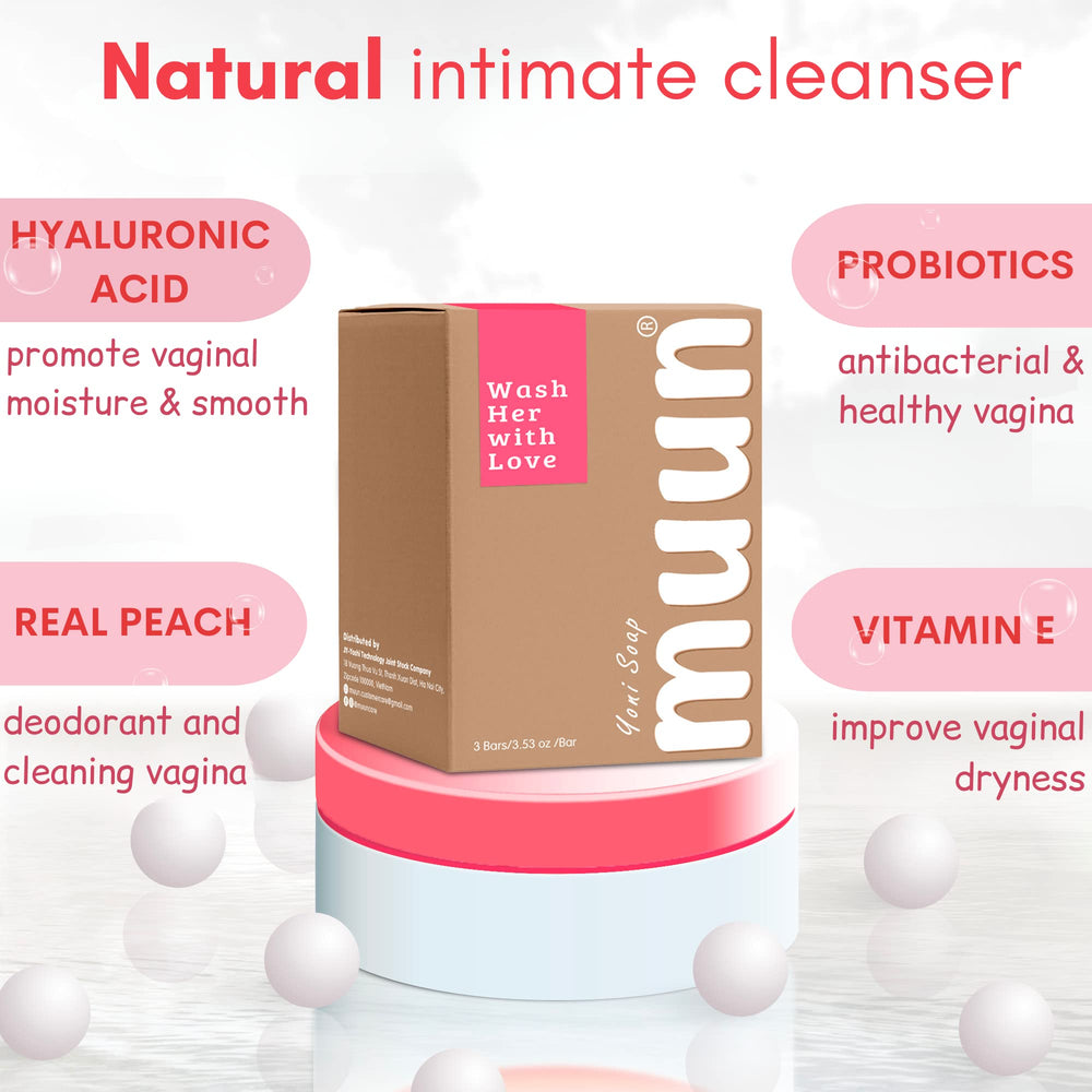 Muun Strawberry Yoni Soap Bar close-up highlights natural ingredients and creamy lather for gentle care.