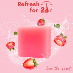 Muun Strawberry Yoni Soap Bar ingredients and texture emphasizes plant-based oils and strawberry extract for gentle nourishment.
