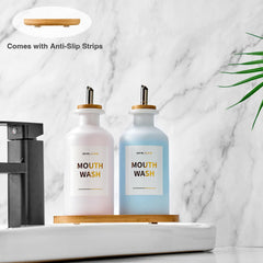 Mouthwash decanter on bamboo tray with lid