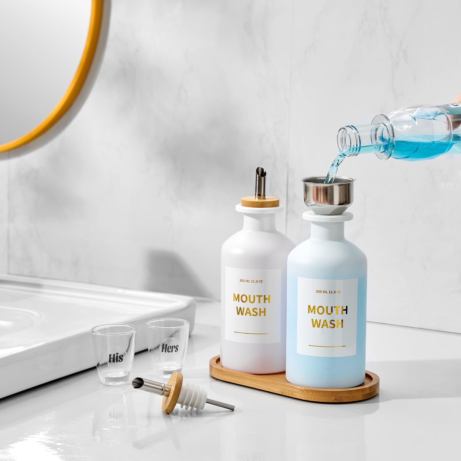 Complete mouthwash dispenser set shown on countertop