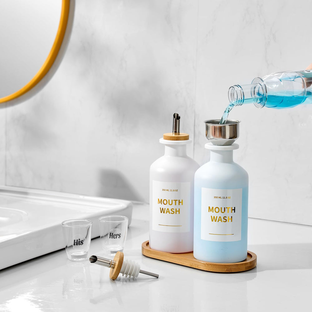 Complete mouthwash dispenser set shown on countertop