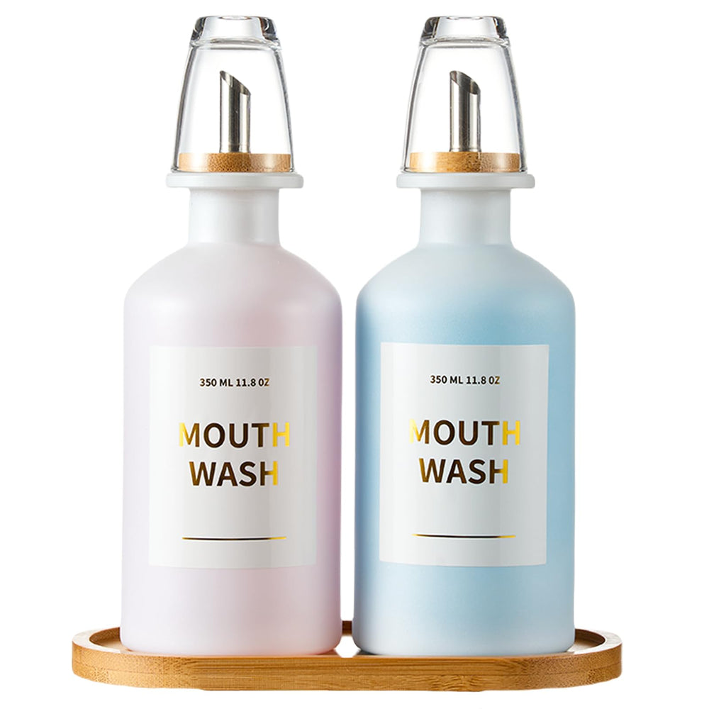 MUVEKA glass mouthwash dispenser in bathroom display