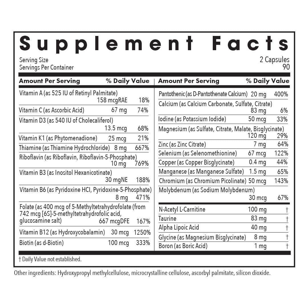Nutrition facts panel for MVM-A multivitamin