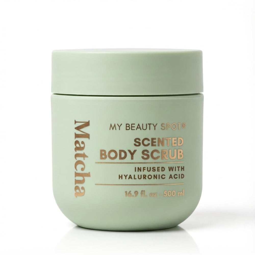 My Beauty Spot matcha scented body scrub bottle for spa like exfoliation experience