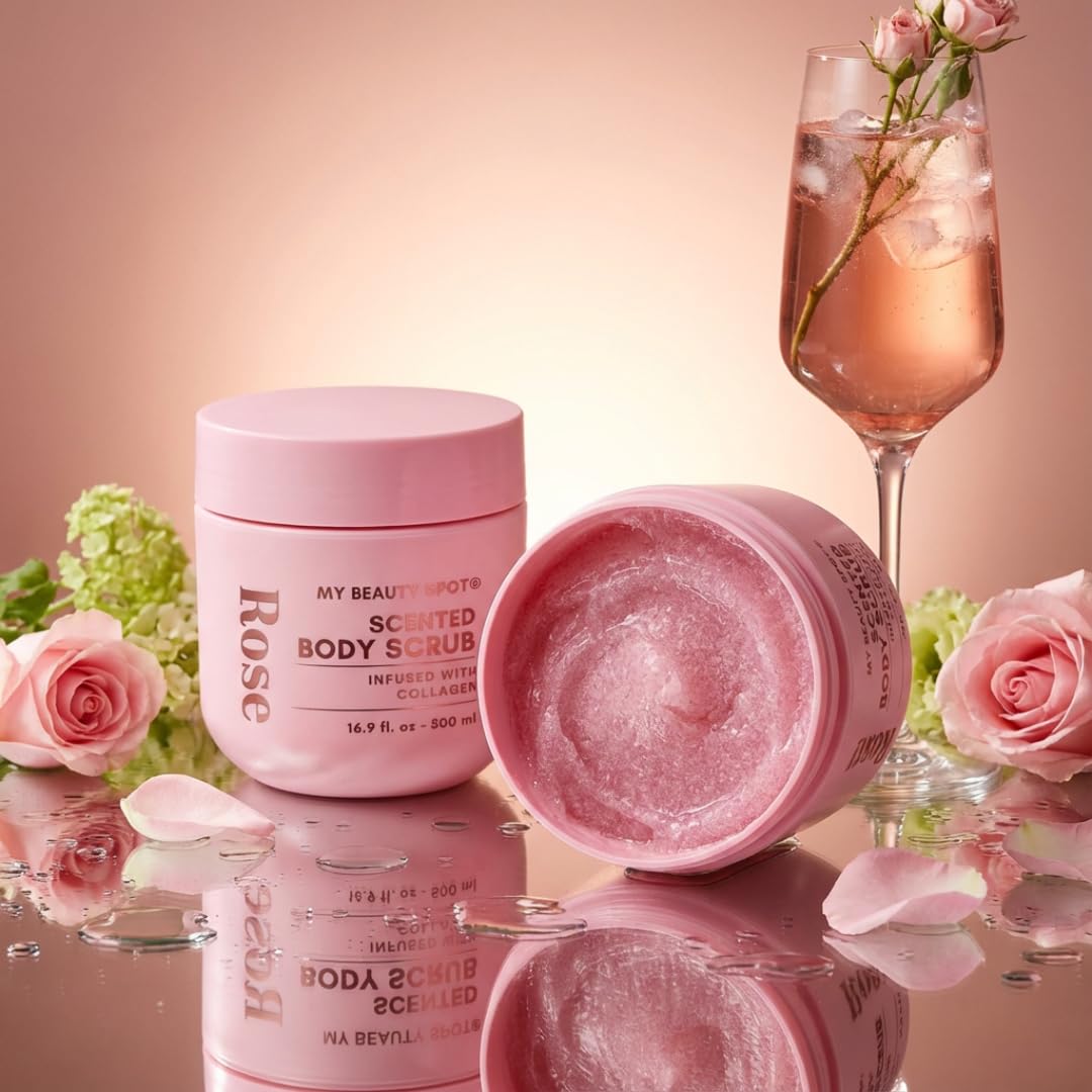 My Beauty Spot Rose Scented Body Scrub jar front highlights collagen-infused formula for skin support.