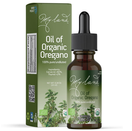 MY LAND Organic Oregano Oil Drops 10ml in amber glass dropper bottle