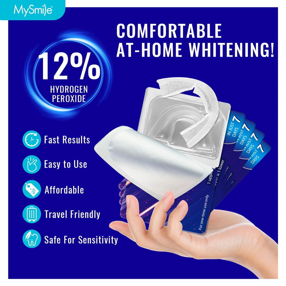Opened MySmile whitening tray case showing prefilled trays