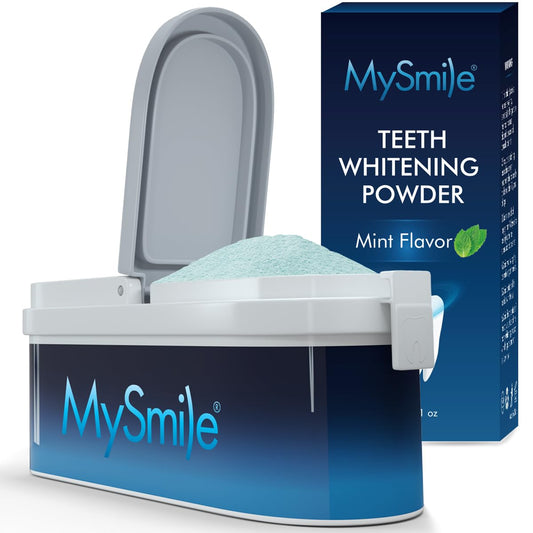 MySmile teeth whitening powder jar with mint packaging
