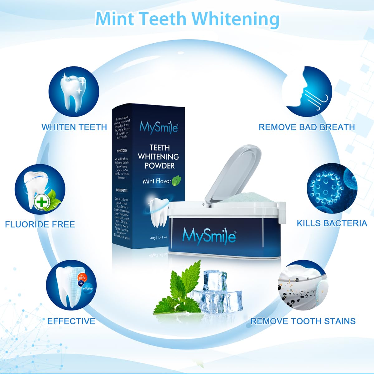 Mint leaves with MySmile whitening powder and packaging