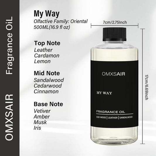 Close-up of the My Way diffuser oil bottle label for premium fragrance.