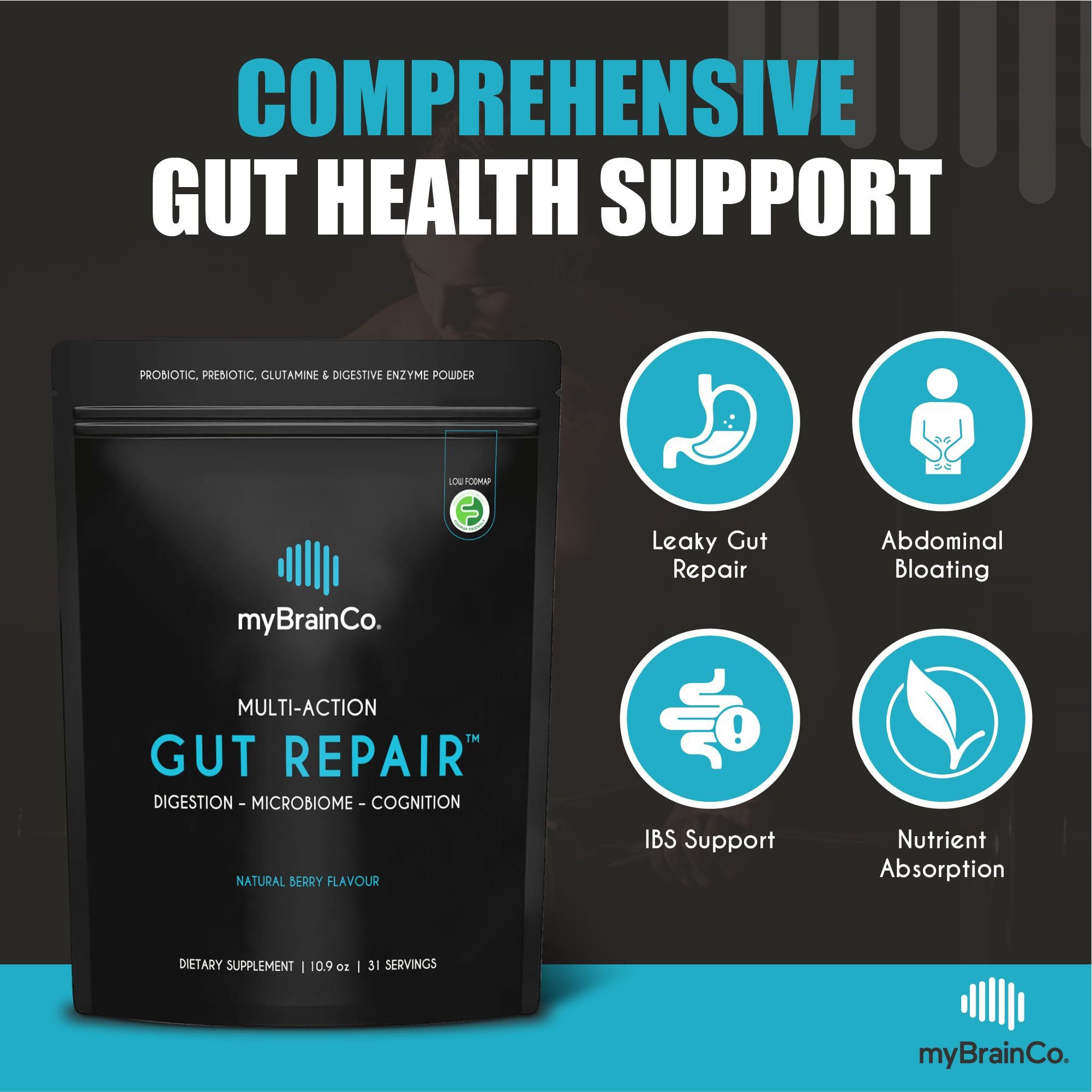 MyBrainCo Gut Repair bottle label highlighting low FODMAP formulation.