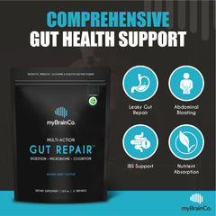 MyBrainCo Gut Repair bottle label highlighting low FODMAP formulation.