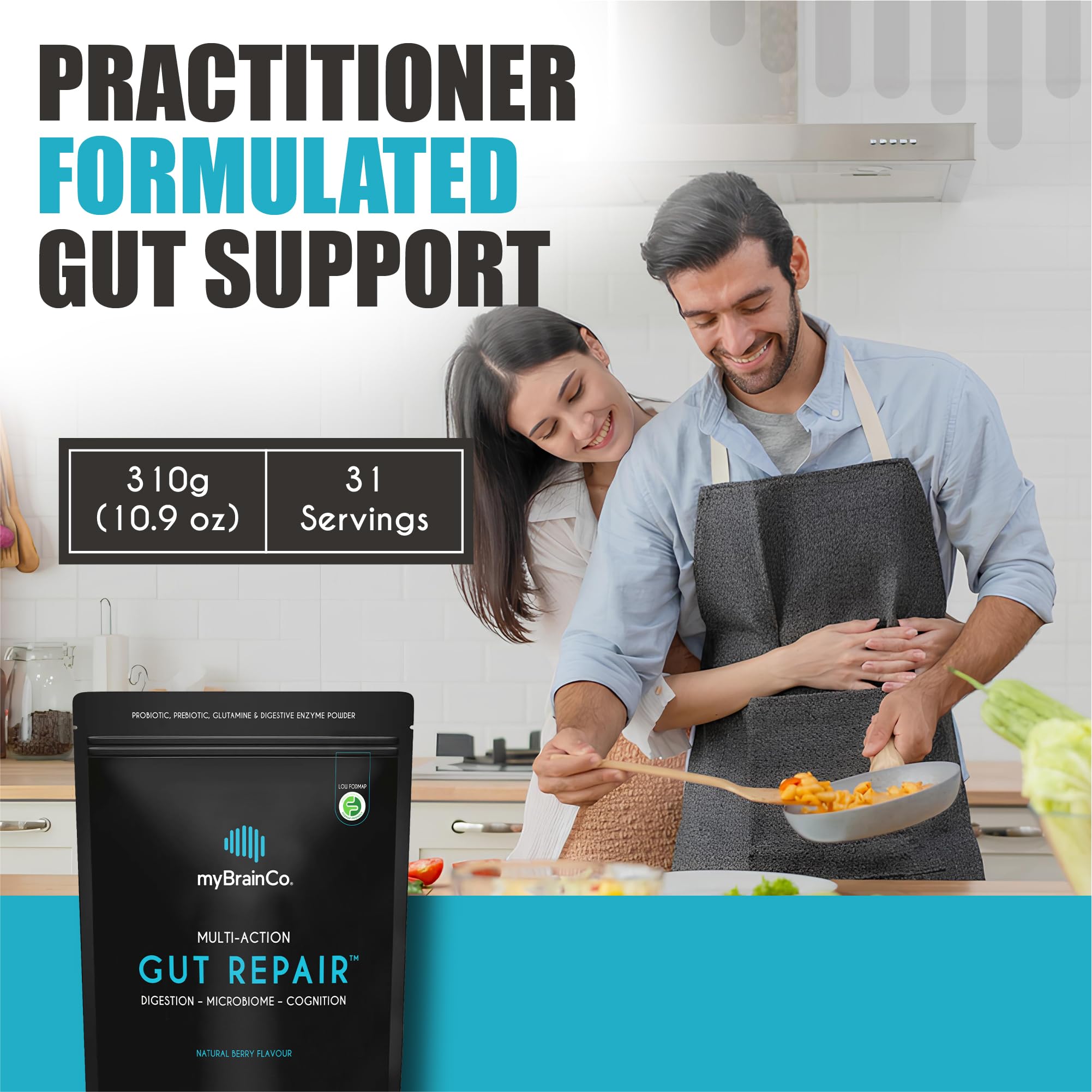 MyBrainCo Gut Repair powder dissolving easily in water for smooth mixing.