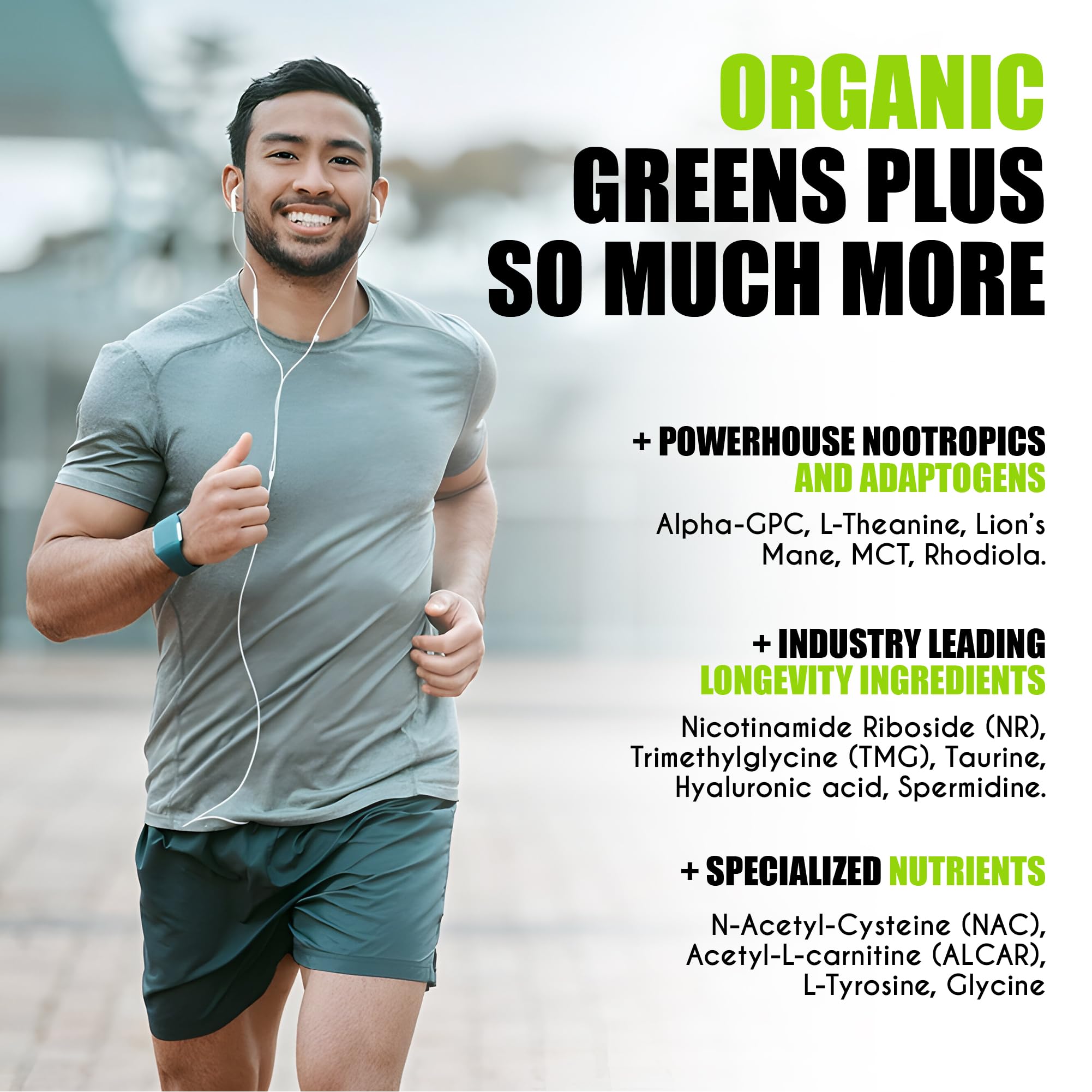 Close-up of organic greens and superfoods in myBrainCo formula