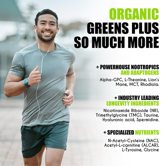 Close-up of organic greens and superfoods in myBrainCo formula