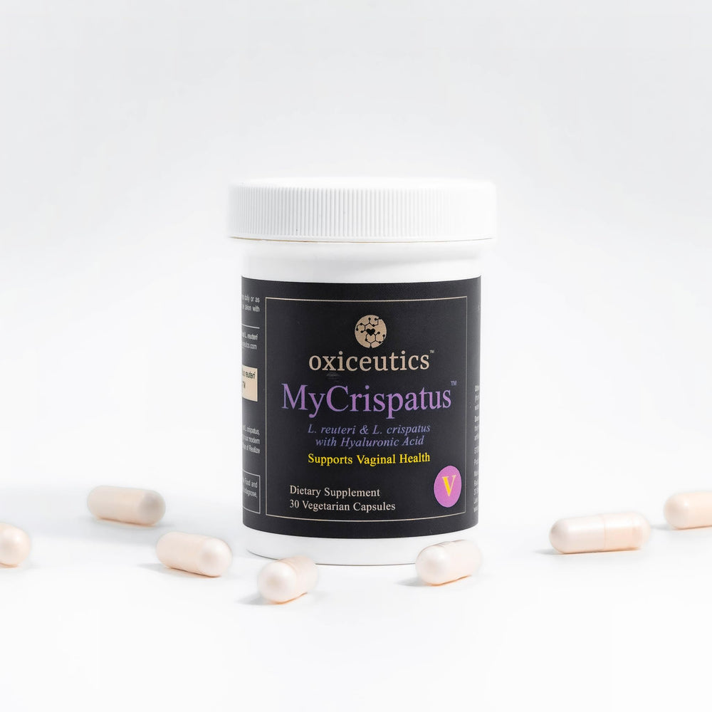 Ingredient overview showing L. crispatus, L. reuteri LRDR, and hyaluronic acid