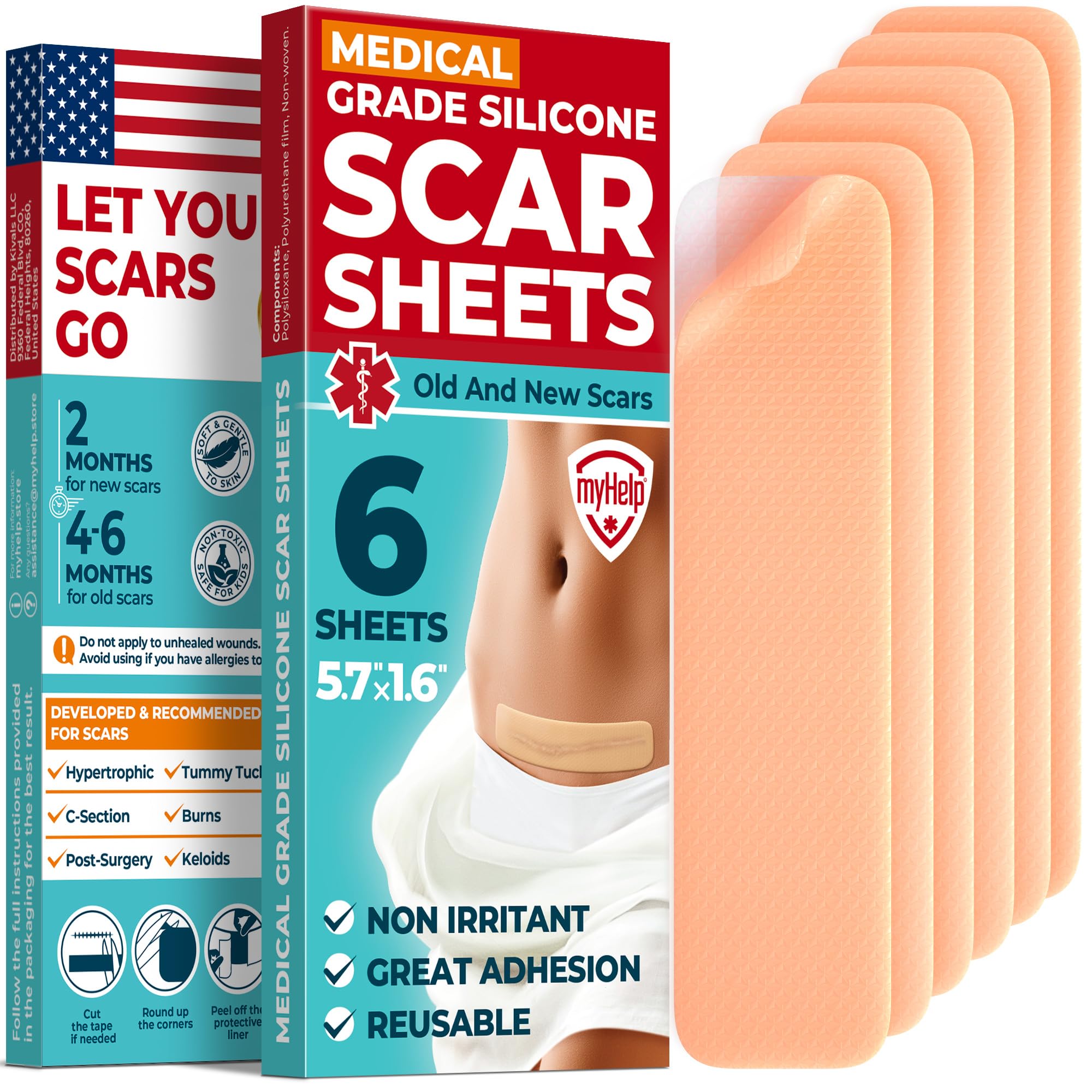MYHELP scar sheets packaging and application guide for easy sizing.