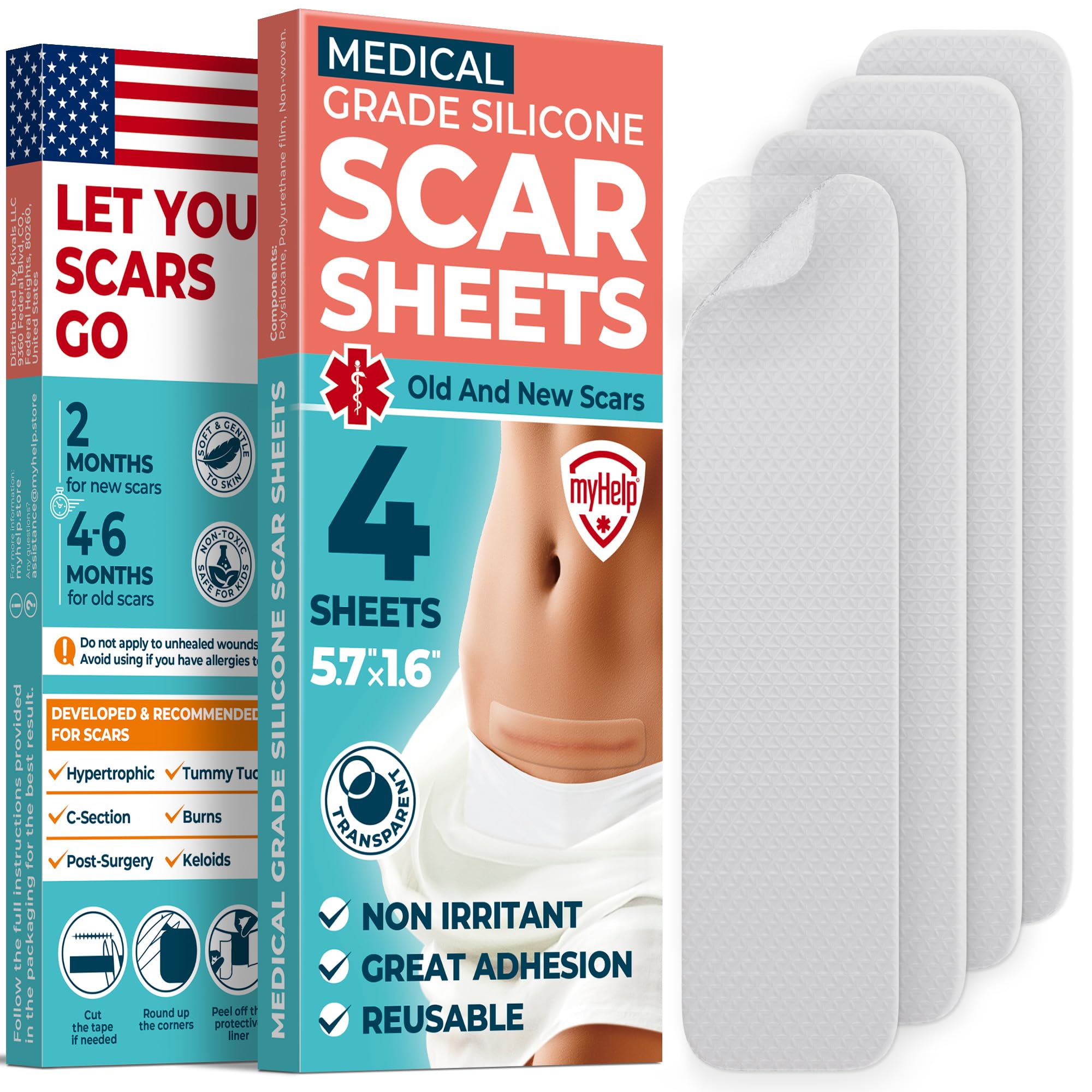 MYHELP silicone scar sheets pack4pk transparent for discreet scar care
