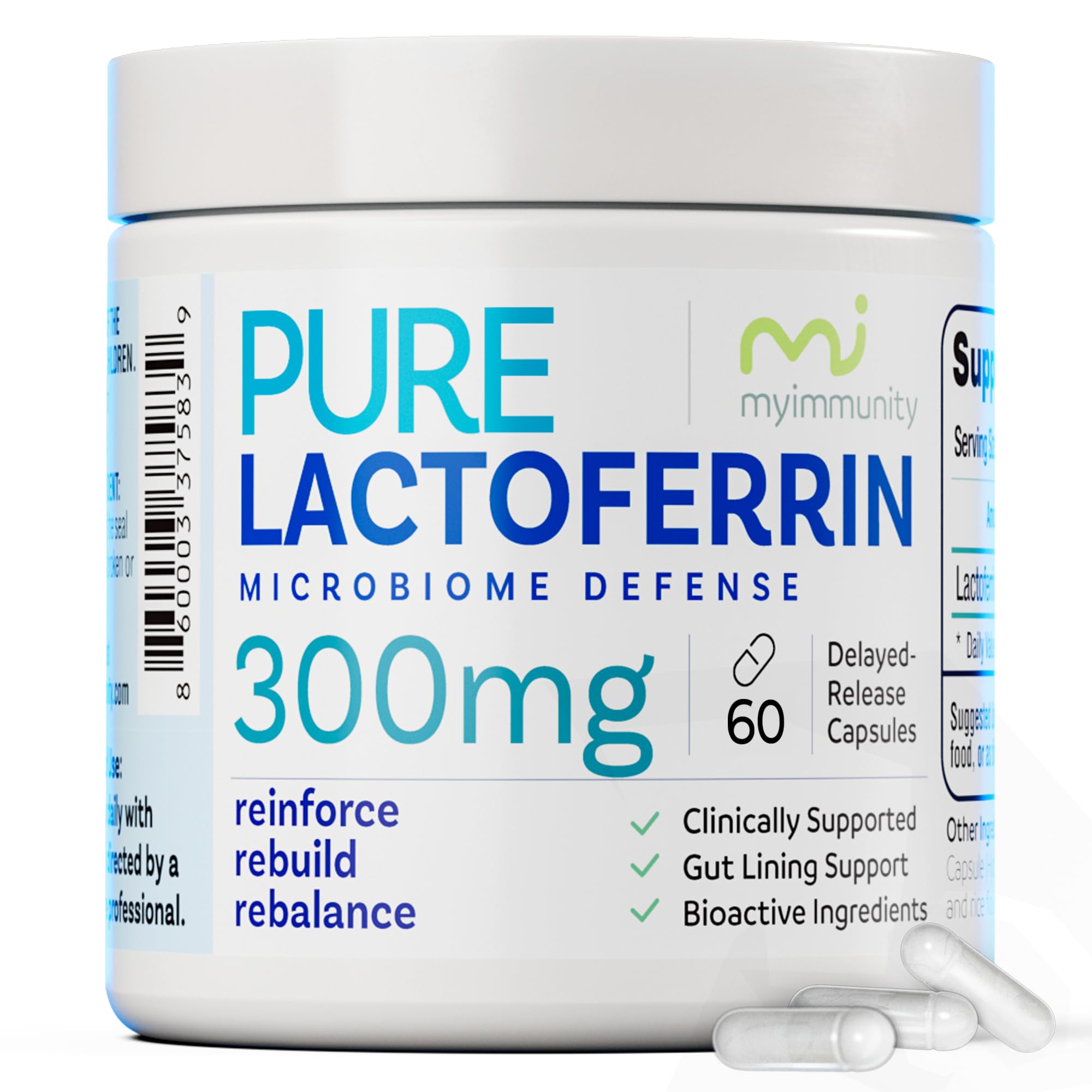 Front-facing bottle of MyImmunity Pure Lactoferrin 300mg delayed-release capsules