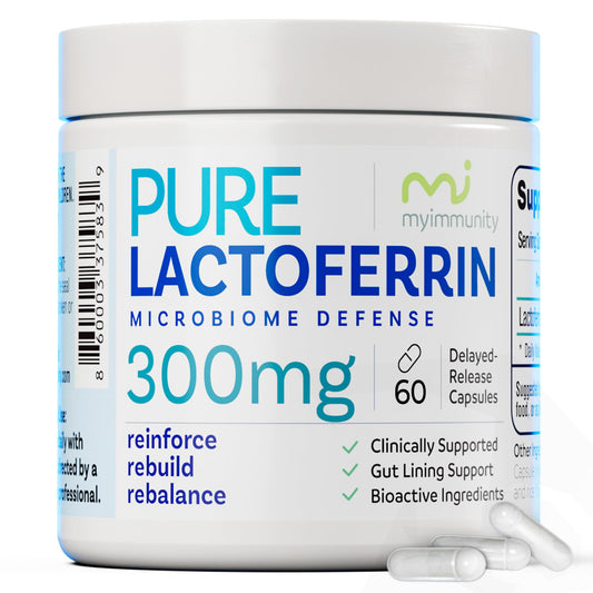 Front-facing bottle of MyImmunity Pure Lactoferrin 300mg delayed-release capsules