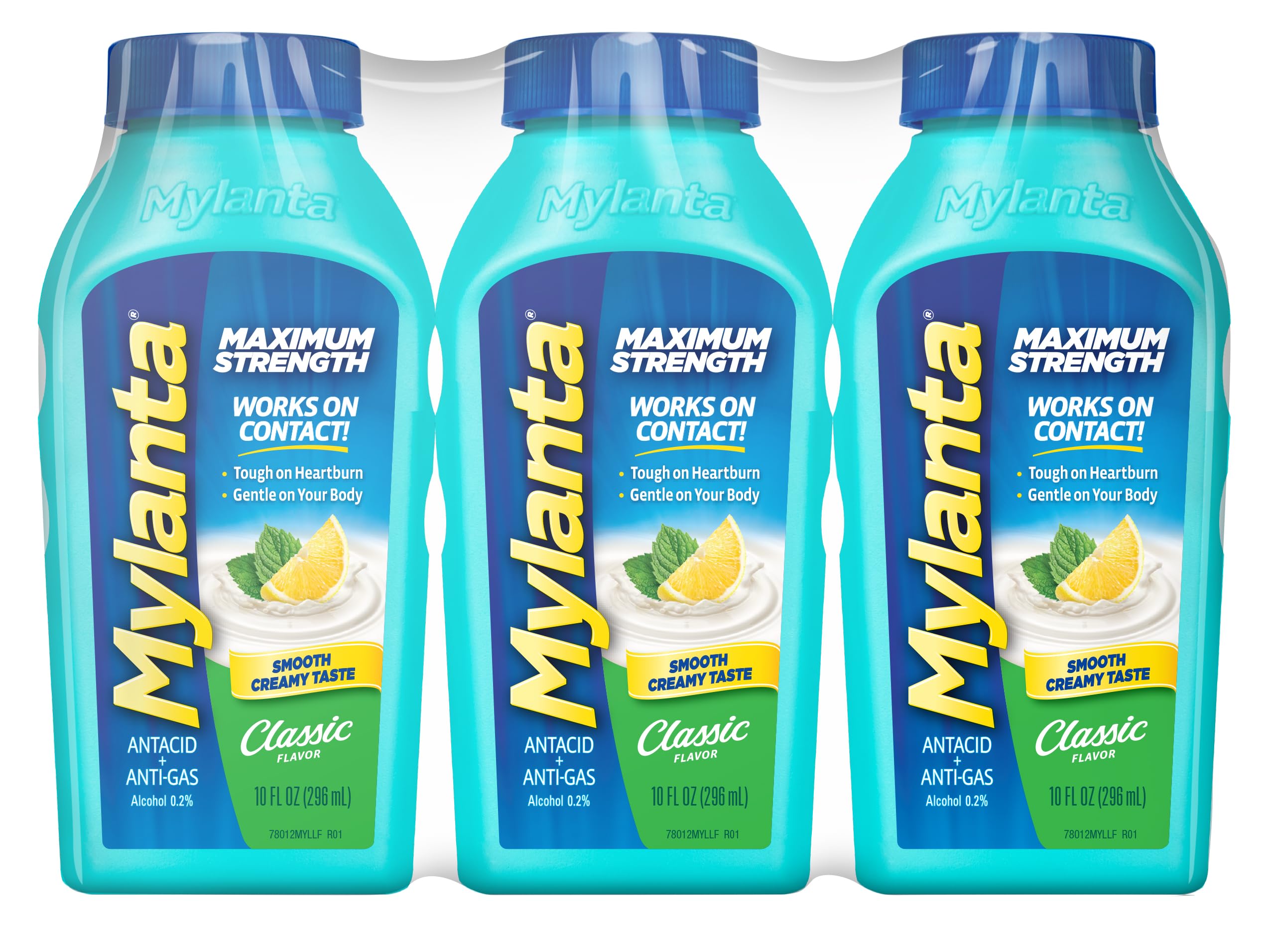 Mylanta Maximum Strength bottle front shows fast-acting acid relief and gentle daily use.