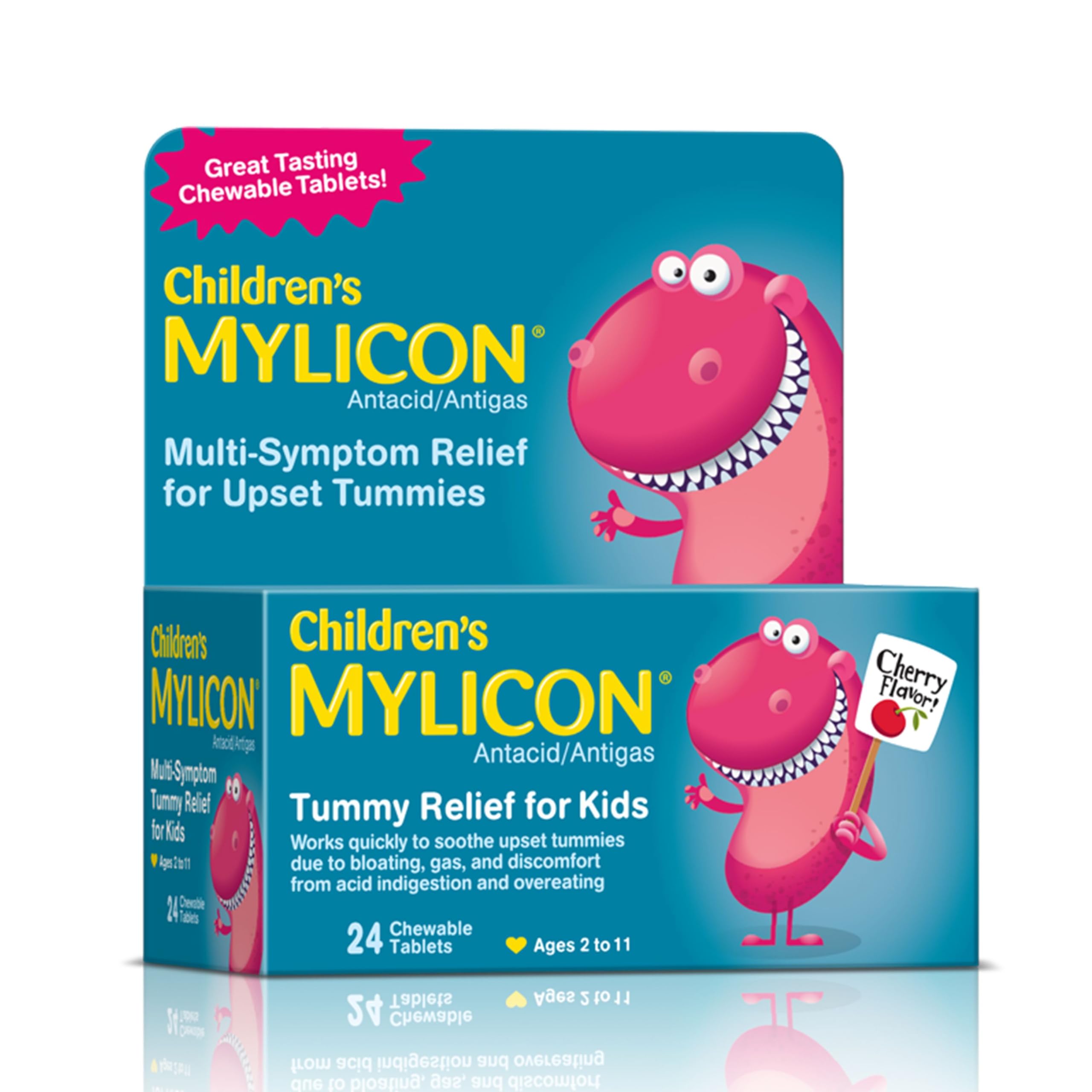 MYLICON Children's Tummy Relief packaging shown, highlighting kid-friendly chewables for tummy comfort after meals.