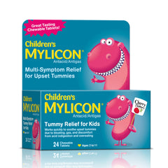 MYLICON Children's Tummy Relief packaging shown, highlighting kid-friendly chewables for tummy comfort after meals.